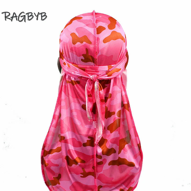 Neue Camo Print Seiden Durag Bandanas für Herren Seidige Durags Long Tail Wave Cap Kopftuch Damen Hut Headwrap Durag