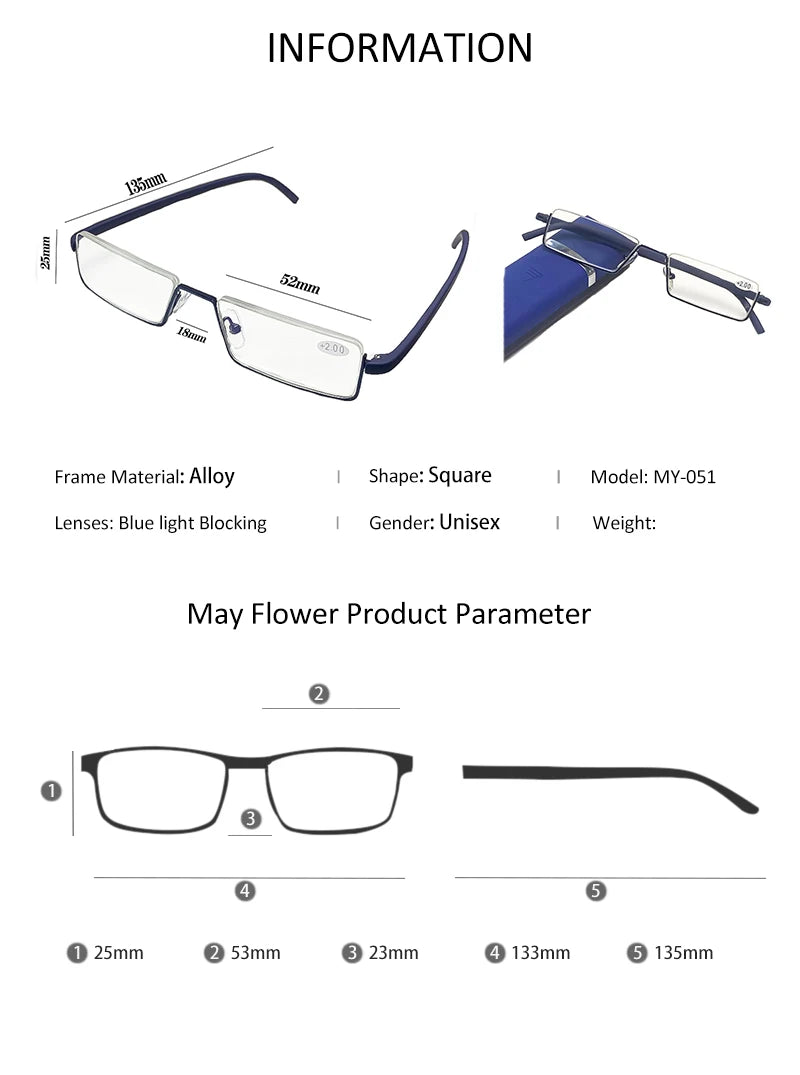 Lunettes Lumière Bleue Homme May Flower en Métal Bleu, Monture Grise Demi-cerclée Pour Presbytie, TR90 avec Lentilles Grossissantes