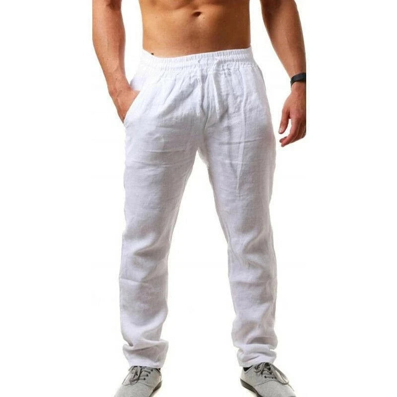 Pantalon Homme en Coton et Lin, Jogging Décontracté, Couleur Unie, Taille Élastique, Coupe Droite et Ample, Sport, Course, Grandes Tailles pour Homme