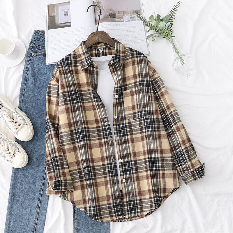 Women's Plaid Shirt 2025 New Ladies Loose Casual Blouse and Tops Fresh College Style Female Long Sleeve Shirts Women Clothes