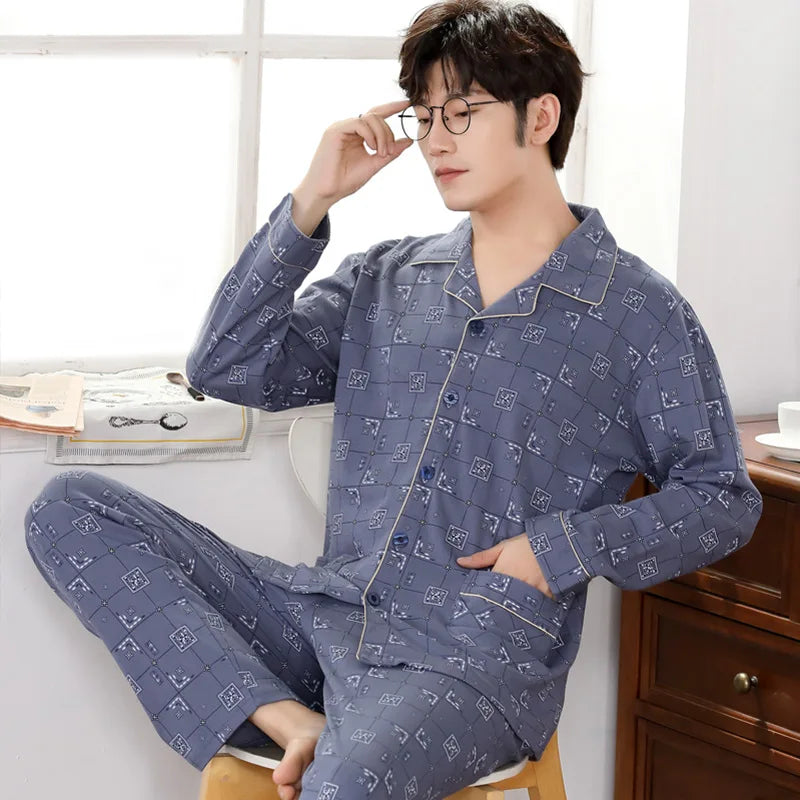 Pyjama d'hiver 100 % coton pour homme, bleu, vêtement de nuit chaud, pyjama en coton à carreaux, grandes tailles