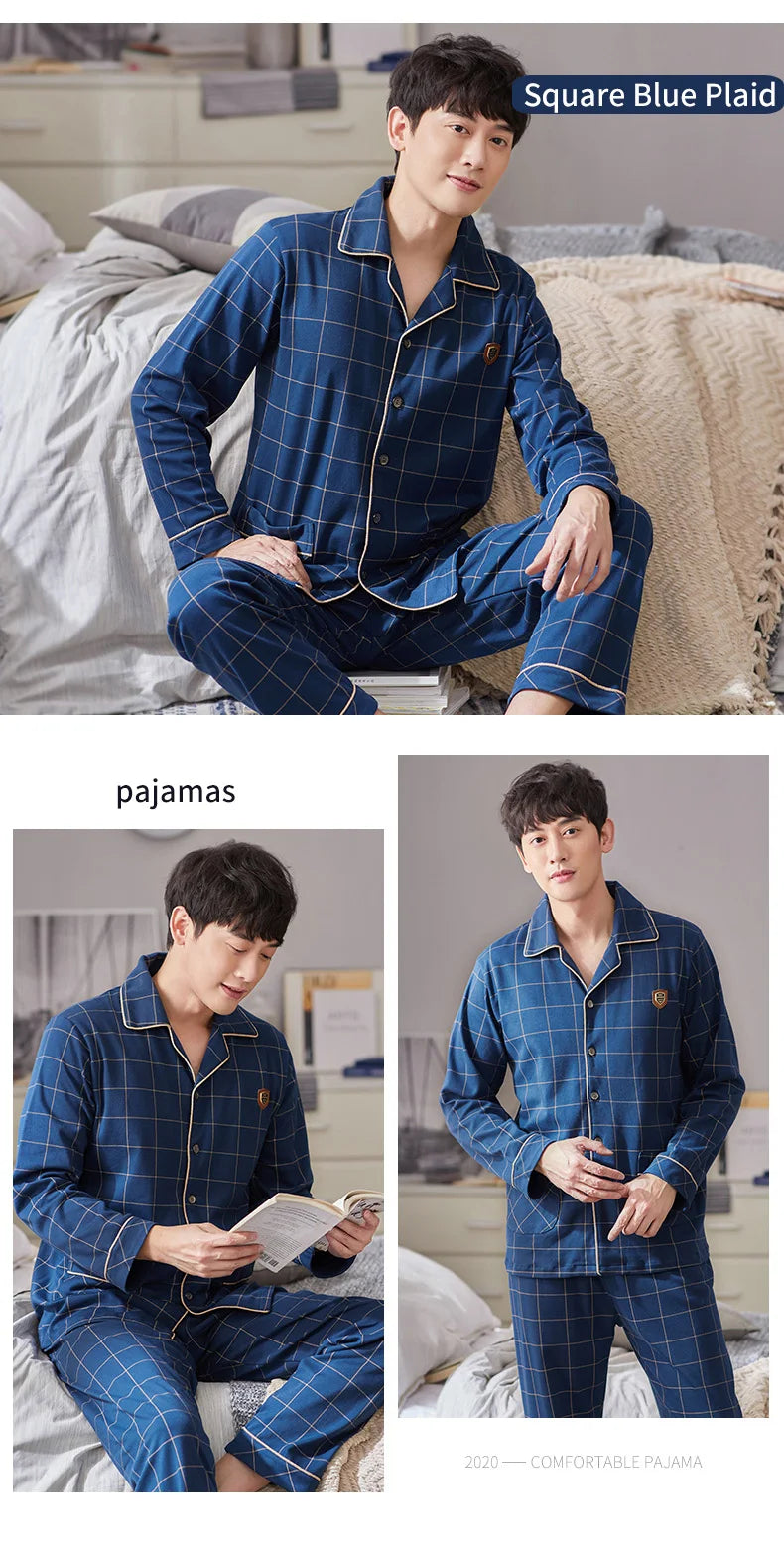 Pyjama d'hiver 100 % coton pour homme, bleu, vêtement de nuit chaud, pyjama en coton à carreaux, grandes tailles