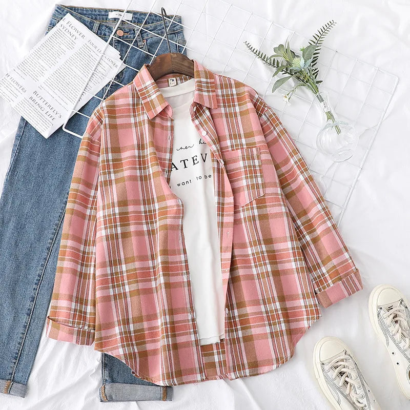 Women's Plaid Shirt 2025 New Ladies Loose Casual Blouse and Tops Fresh College Style Female Long Sleeve Shirts Women Clothes