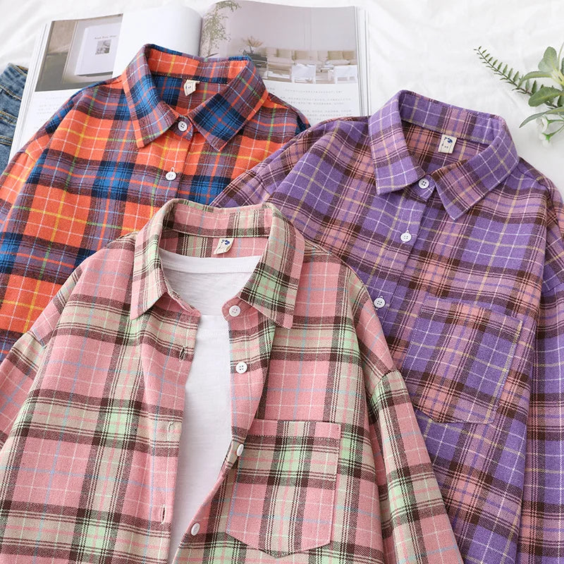 Women's Plaid Shirt 2025 New Ladies Loose Casual Blouse and Tops Fresh College Style Female Long Sleeve Shirts Women Clothes