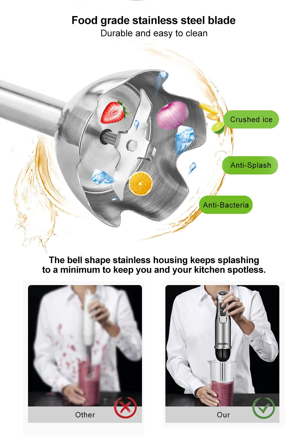 BioloMix Mixeur Plongeant 4-en-1 Haute Puissance 1200W avec Hachoir et Gobelet à Smoothies Lames en Acier Inoxydable pour Glace