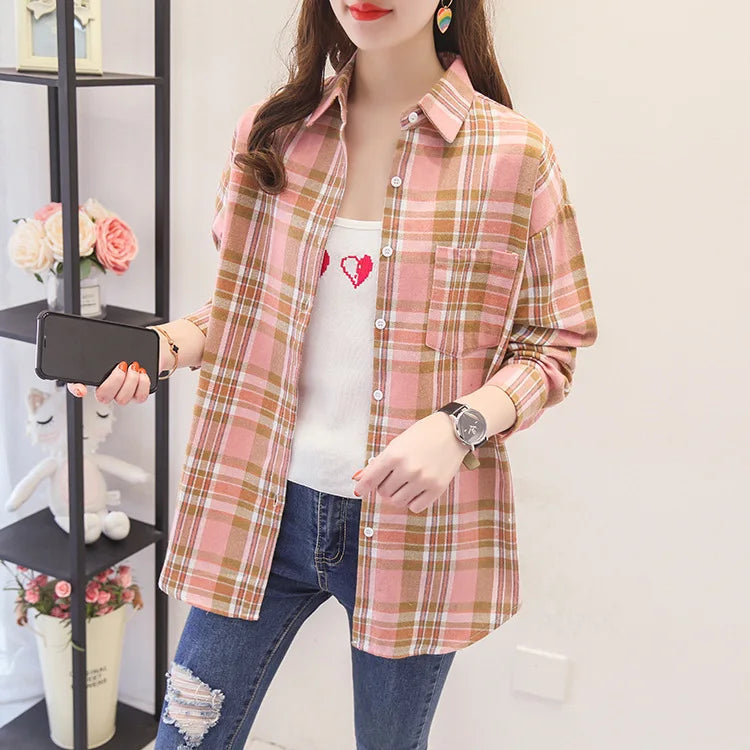 Women's Plaid Shirt 2025 New Ladies Loose Casual Blouse and Tops Fresh College Style Female Long Sleeve Shirts Women Clothes