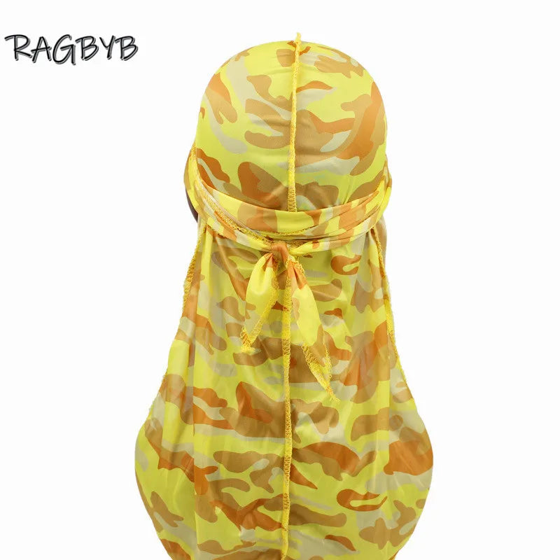 Neue Camo Print Seiden Durag Bandanas für Herren Seidige Durags Long Tail Wave Cap Kopftuch Damen Hut Headwrap Durag