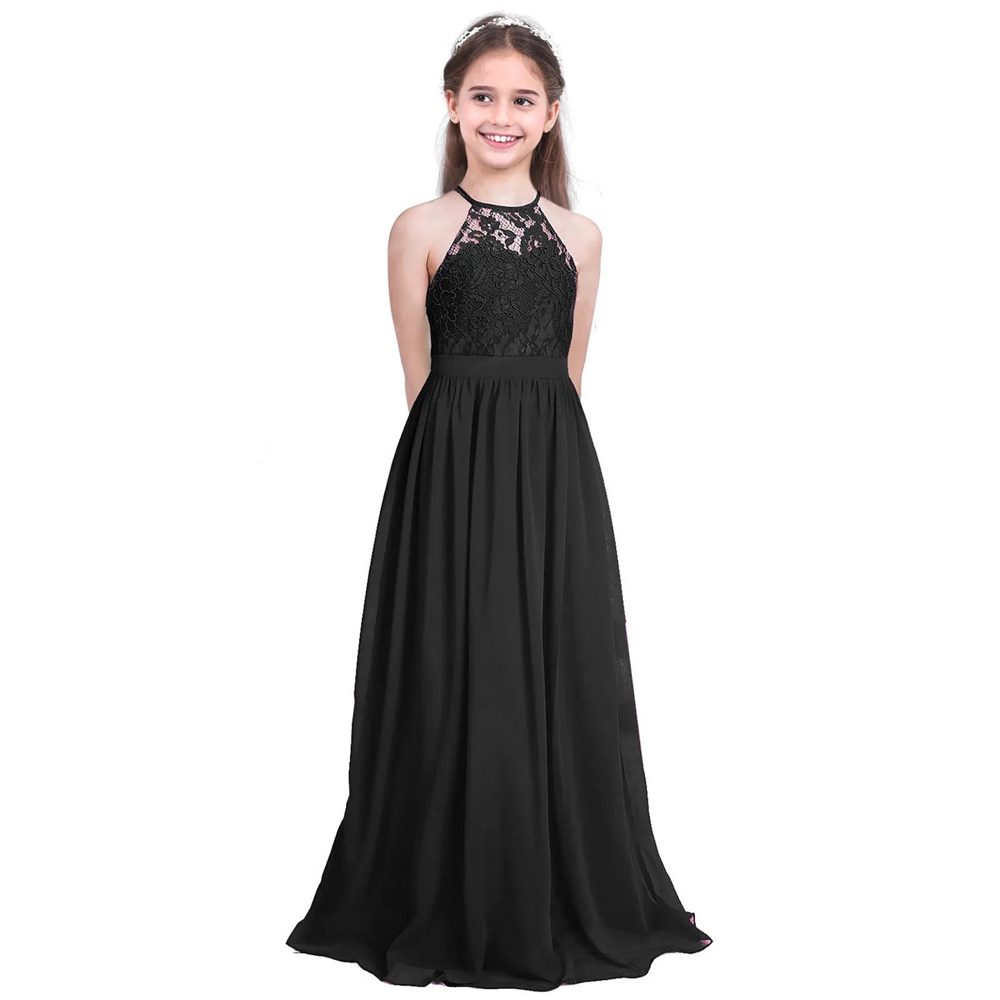 Robe de demoiselle d'honneur en mousseline florale avec découpe au dos pour enfants, tenue de fête d'anniversaire ou de mariage pour filles