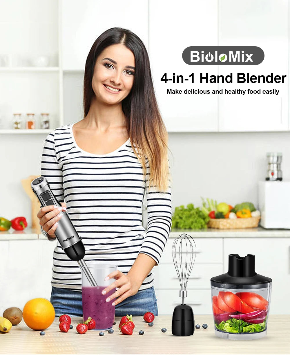 BioloMix Mixeur Plongeant 4-en-1 Haute Puissance 1200W avec Hachoir et Gobelet à Smoothies Lames en Acier Inoxydable pour Glace