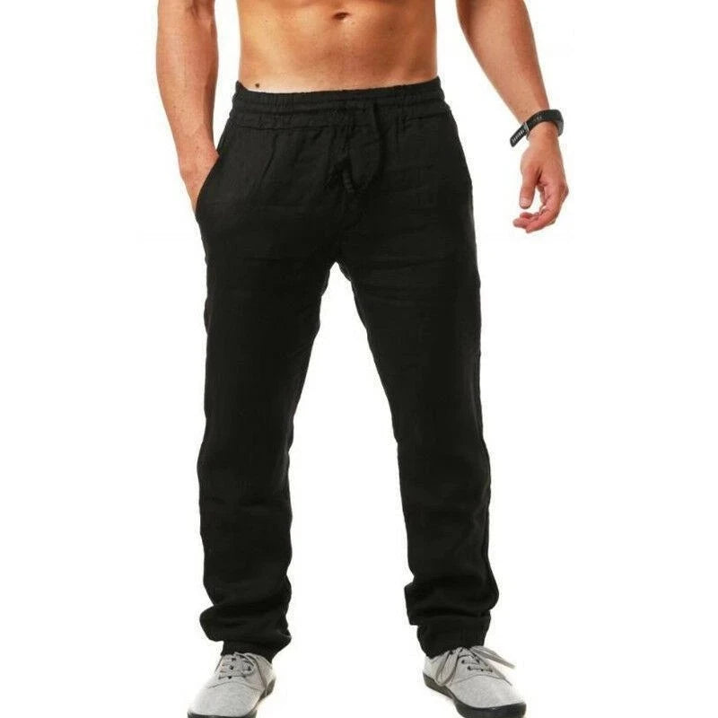 Pantalon Homme en Coton et Lin, Jogging Décontracté, Couleur Unie, Taille Élastique, Coupe Droite et Ample, Sport, Course, Grandes Tailles pour Homme
