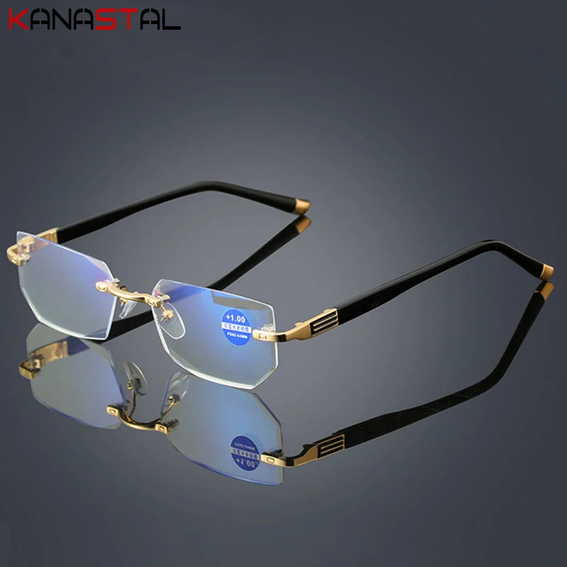 Lunettes de lecture anti-lumière bleue pour femmes, monture sans bords à découpe diamantée, pour hommes, anti-fatigue, hypermétropie, presbytie +1,5