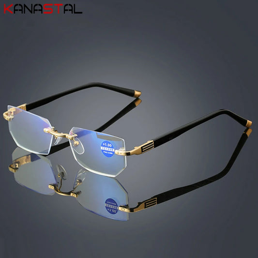 Anti Blue Ray Reading Glasses Women Dimond Cutting Rimless Eyewear Men Anti Fatigue Hyperopia Presbyopic Glasses +1.5