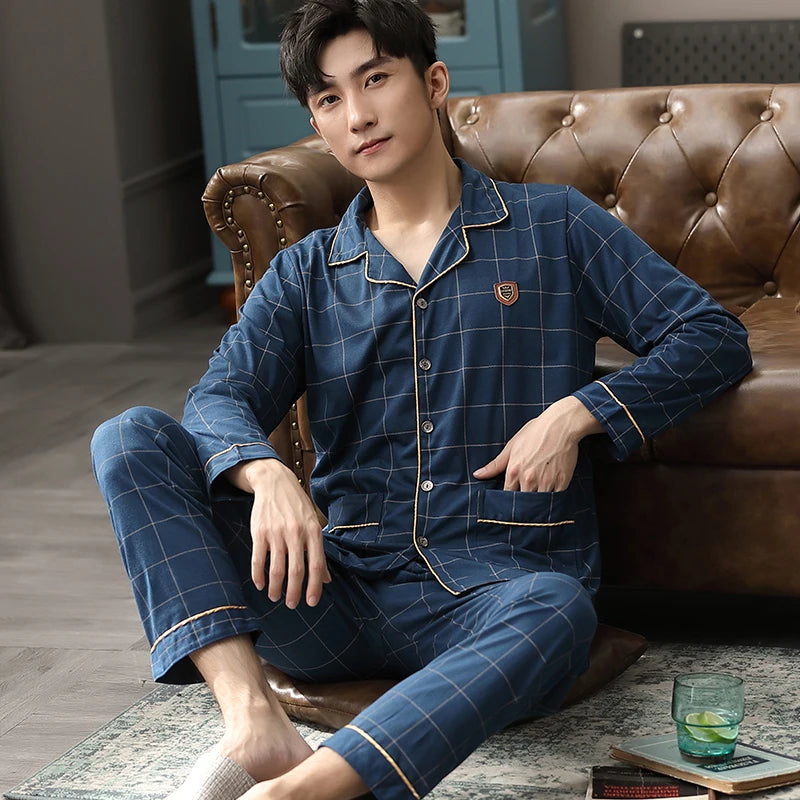 Pyjama d'hiver 100 % coton pour homme, bleu, vêtement de nuit chaud, pyjama en coton à carreaux, grandes tailles