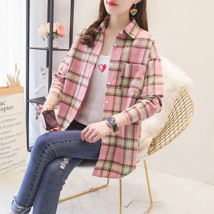 Women's Plaid Shirt 2025 New Ladies Loose Casual Blouse and Tops Fresh College Style Female Long Sleeve Shirts Women Clothes