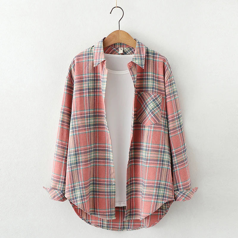 2024 Automne Nouvelle Chemise à Carreaux Ample pour Femme Marque Excellente Qualité Blouses et Hauts Design Décontracté Frais Chemises à Manches Longues pour Femme