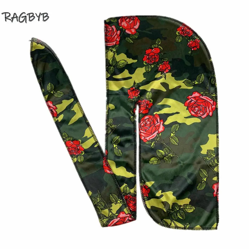 Neue Camo Print Seiden Durag Bandanas für Herren Seidige Durags Long Tail Wave Cap Kopftuch Damen Hut Headwrap Durag