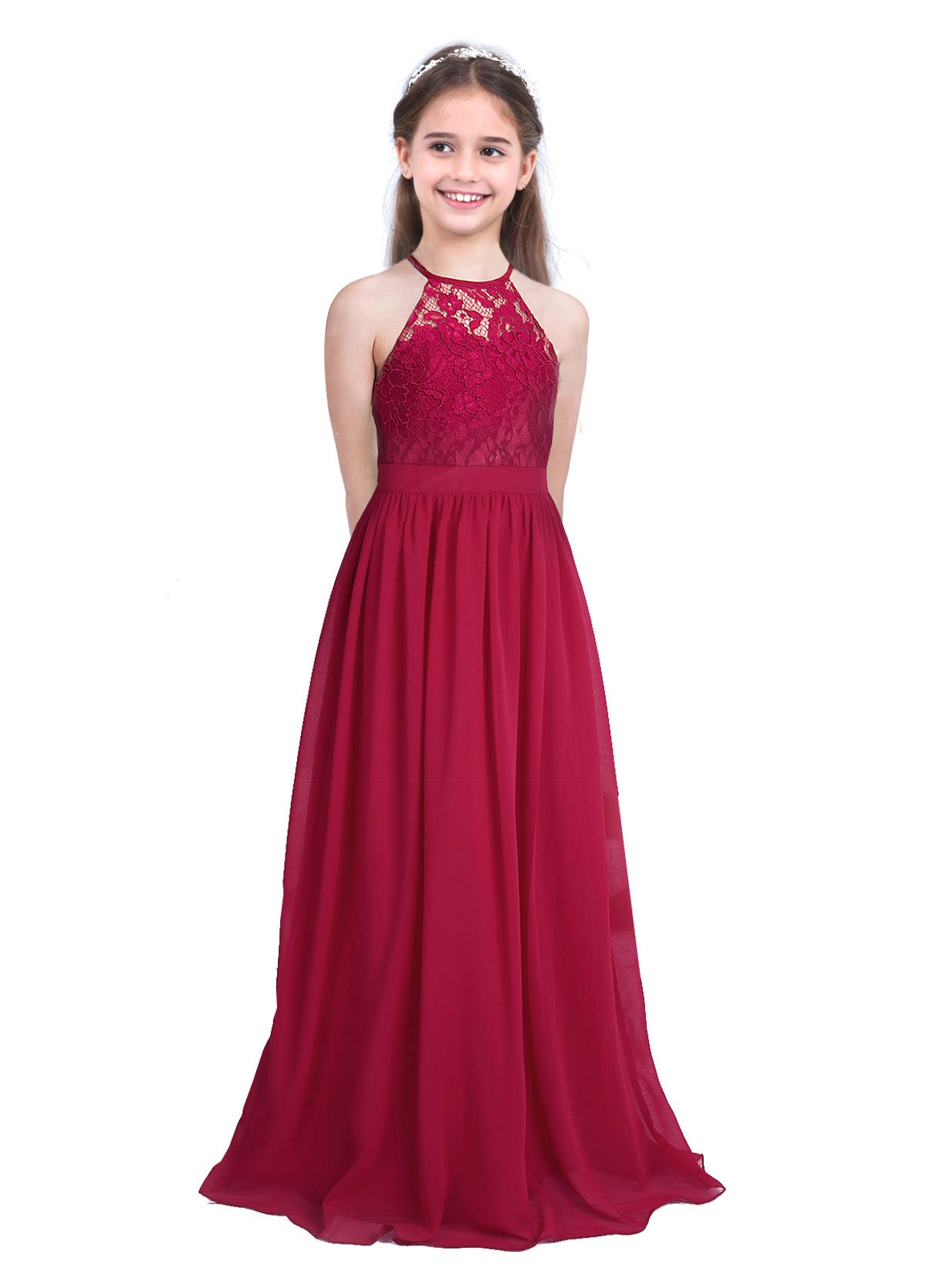 Robe de demoiselle d'honneur en mousseline florale avec découpe au dos pour enfants, tenue de fête d'anniversaire ou de mariage pour filles