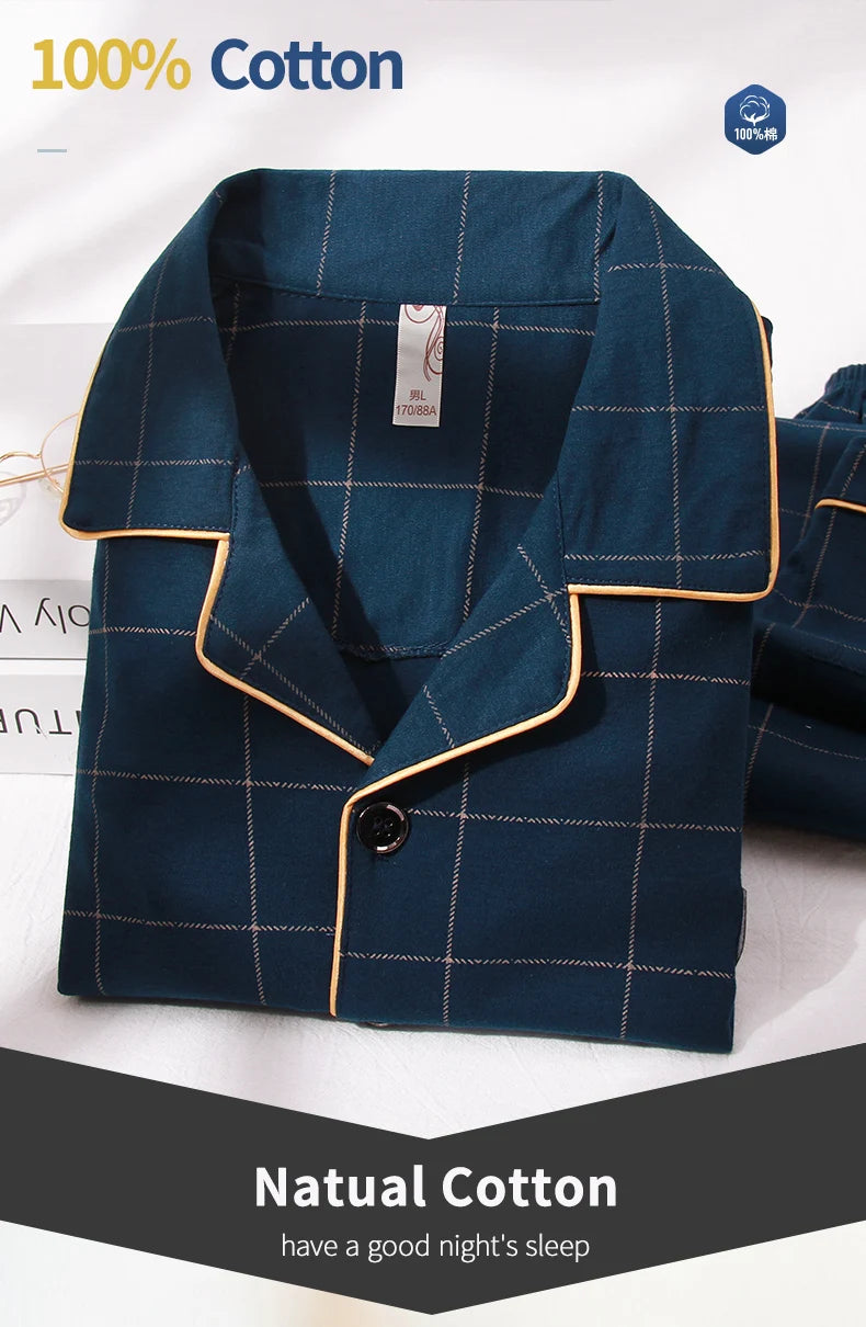 Pyjama d'hiver 100 % coton pour homme, bleu, vêtement de nuit chaud, pyjama en coton à carreaux, grandes tailles