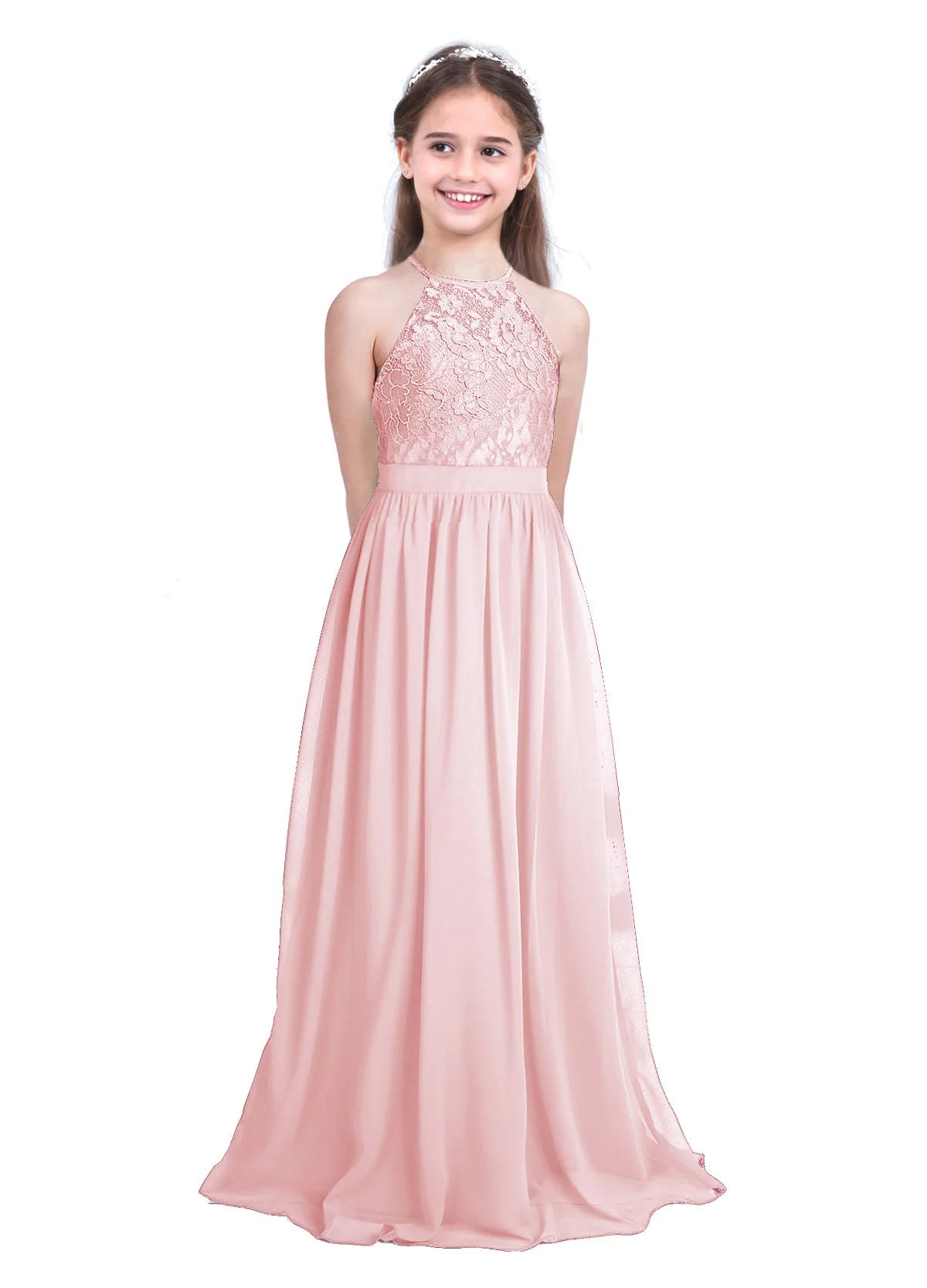 Robe de demoiselle d'honneur en mousseline florale avec découpe au dos pour enfants, tenue de fête d'anniversaire ou de mariage pour filles