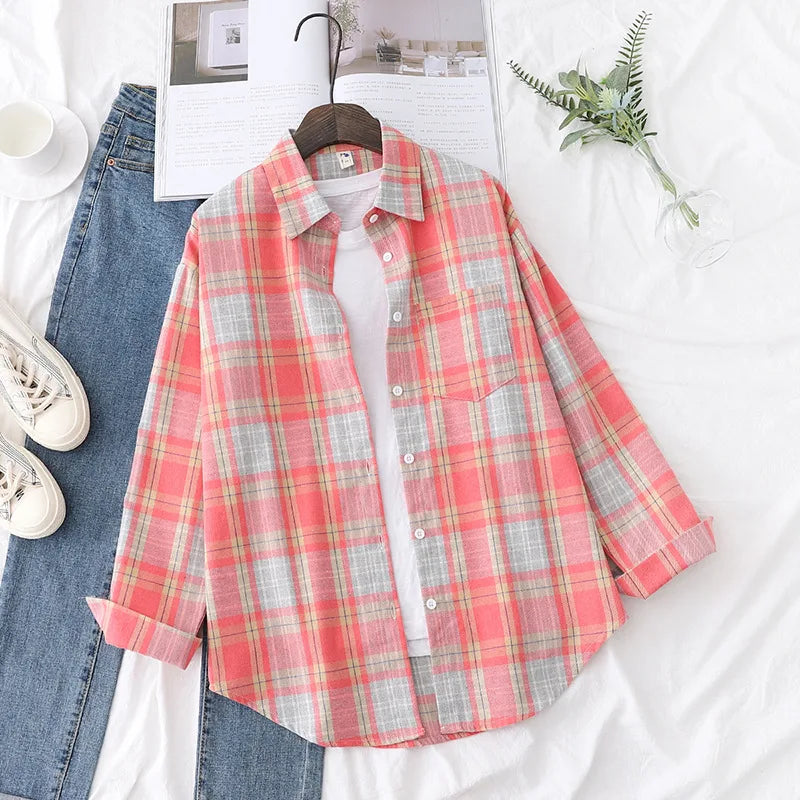 Women's Plaid Shirt 2025 New Ladies Loose Casual Blouse and Tops Fresh College Style Female Long Sleeve Shirts Women Clothes
