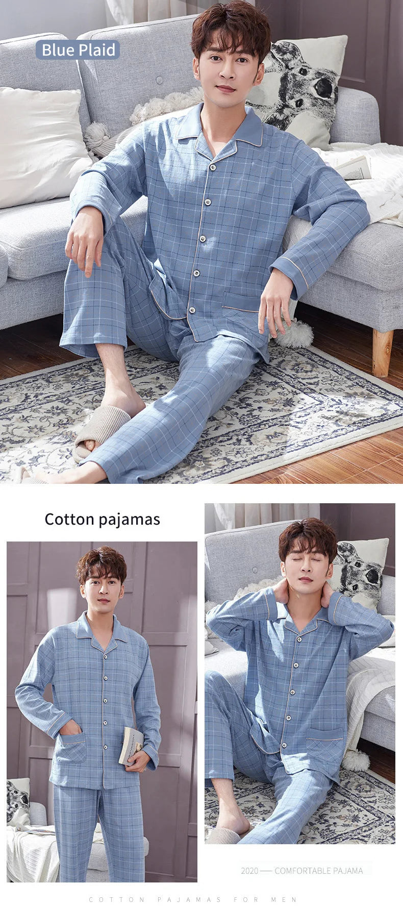 Pyjama d'hiver 100 % coton pour homme, bleu, vêtement de nuit chaud, pyjama en coton à carreaux, grandes tailles