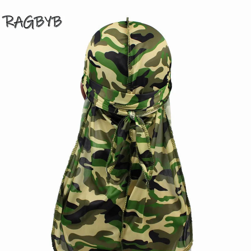 Neue Camo Print Seiden Durag Bandanas für Herren Seidige Durags Long Tail Wave Cap Kopftuch Damen Hut Headwrap Durag