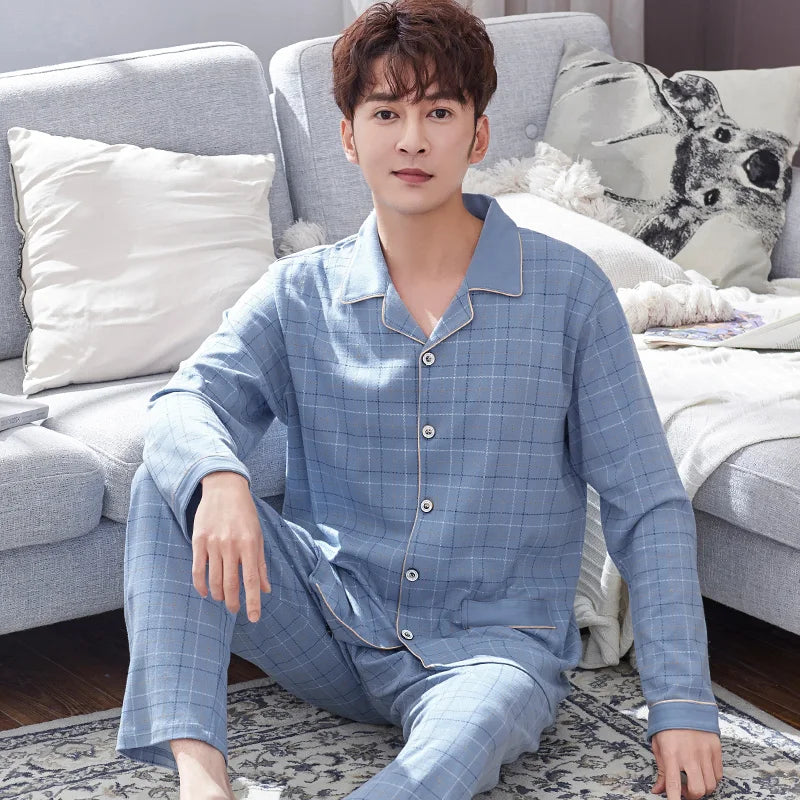 Pyjama d'hiver 100 % coton pour homme, bleu, vêtement de nuit chaud, pyjama en coton à carreaux, grandes tailles