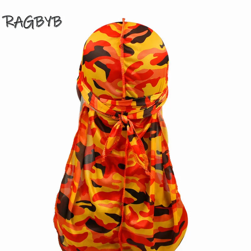 Neue Camo Print Seiden Durag Bandanas für Herren Seidige Durags Long Tail Wave Cap Kopftuch Damen Hut Headwrap Durag