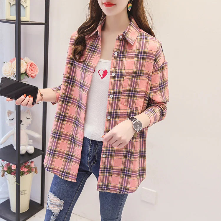 Women's Plaid Shirt 2025 New Ladies Loose Casual Blouse and Tops Fresh College Style Female Long Sleeve Shirts Women Clothes