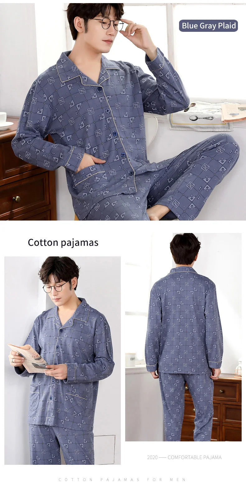 Pyjama d'hiver 100 % coton pour homme, bleu, vêtement de nuit chaud, pyjama en coton à carreaux, grandes tailles