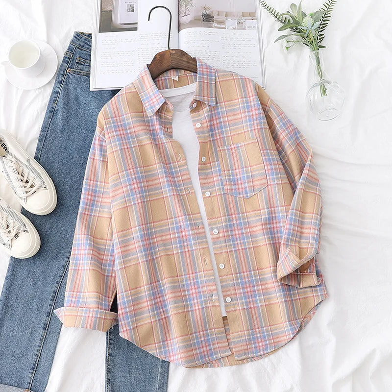 Women's Plaid Shirt 2025 New Ladies Loose Casual Blouse and Tops Fresh College Style Female Long Sleeve Shirts Women Clothes