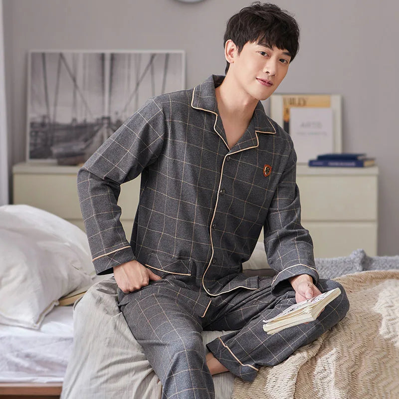 Pyjama d'hiver 100 % coton pour homme, bleu, vêtement de nuit chaud, pyjama en coton à carreaux, grandes tailles