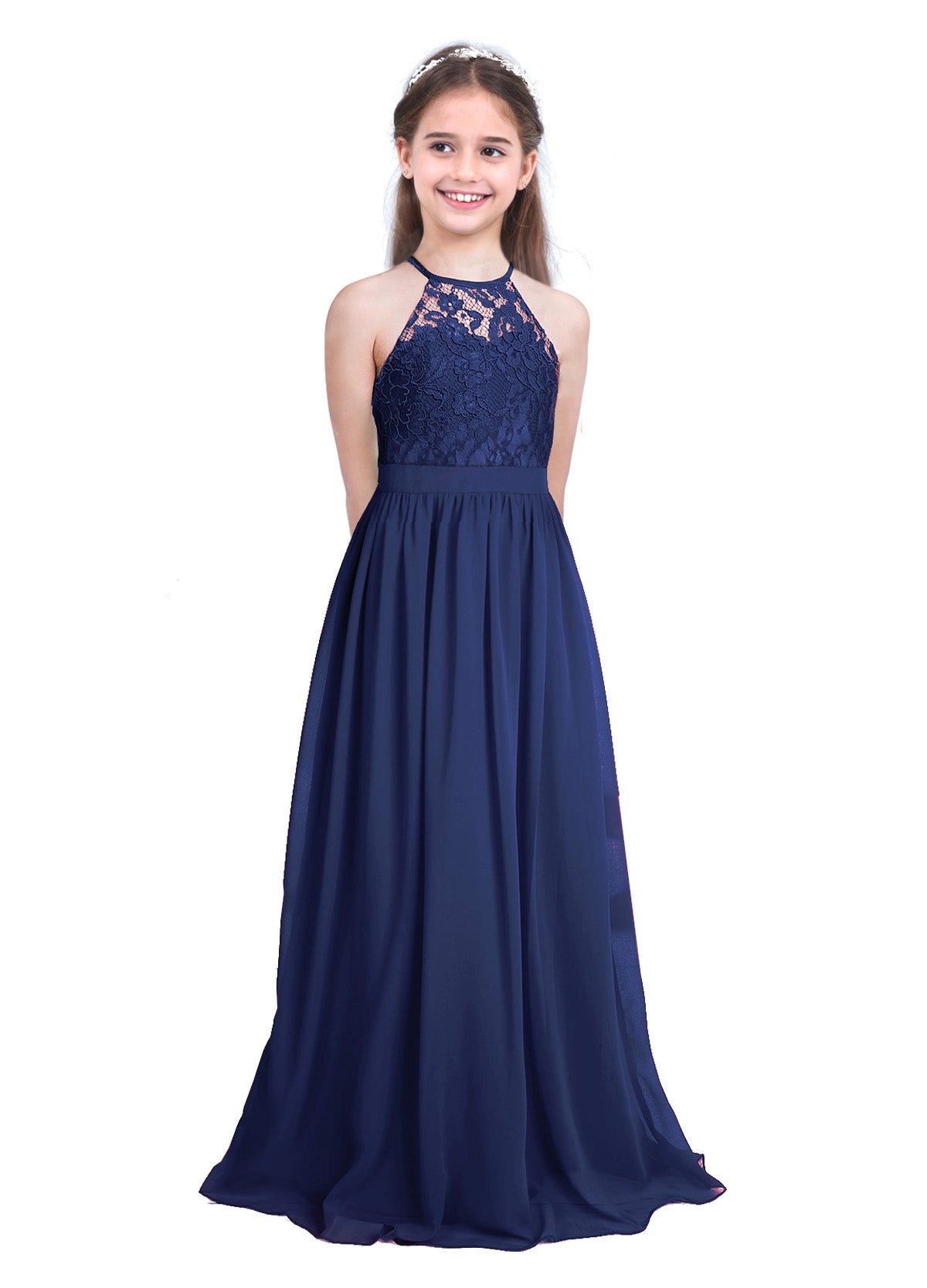Robe de demoiselle d'honneur en mousseline florale avec découpe au dos pour enfants, tenue de fête d'anniversaire ou de mariage pour filles