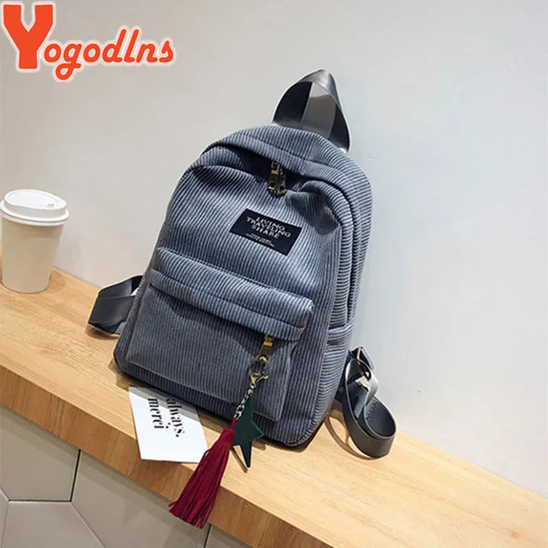 Yogodlns Sacs à dos pour femmes Sac à bandoulière d'école avec pompon Sac à dos en velours côtelé pour femmes Sacs pour ordinateur portable pour filles Sac à dos de style preppy