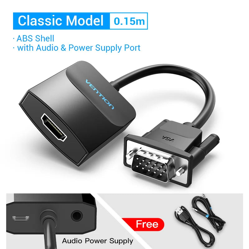 Vention Adaptateur VGA vers HDMI 1080P Convertisseur Mâle VGA vers Femelle HDMI avec Câble Audio et Alimentation USB pour PS4/3 HDTV Convertisseur VGA HDMI