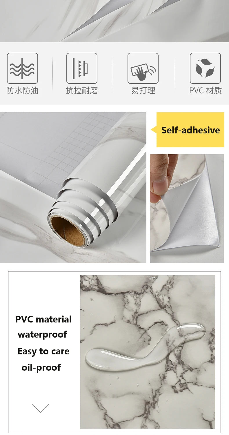 Marble Vinyl Film DIY Self Adhesive Wallpaper Bathroom Kitchen Cupboard Countertops Contact Paper PVC Waterproof Wall Stickers