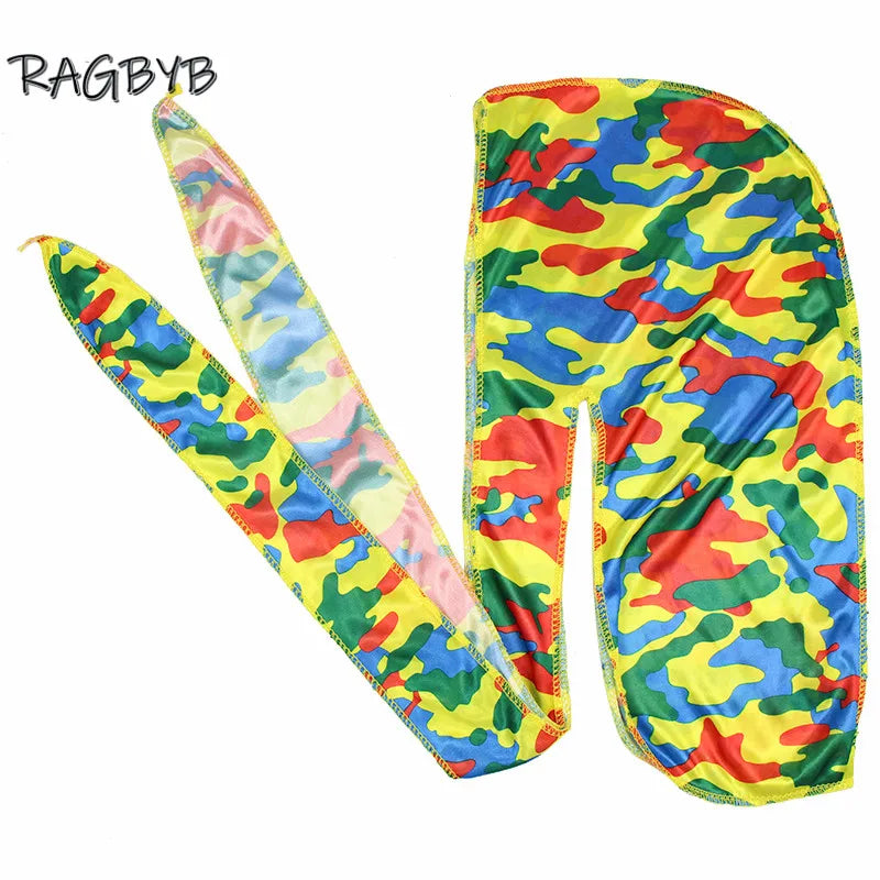 Neue Camo Print Seiden Durag Bandanas für Herren Seidige Durags Long Tail Wave Cap Kopftuch Damen Hut Headwrap Durag