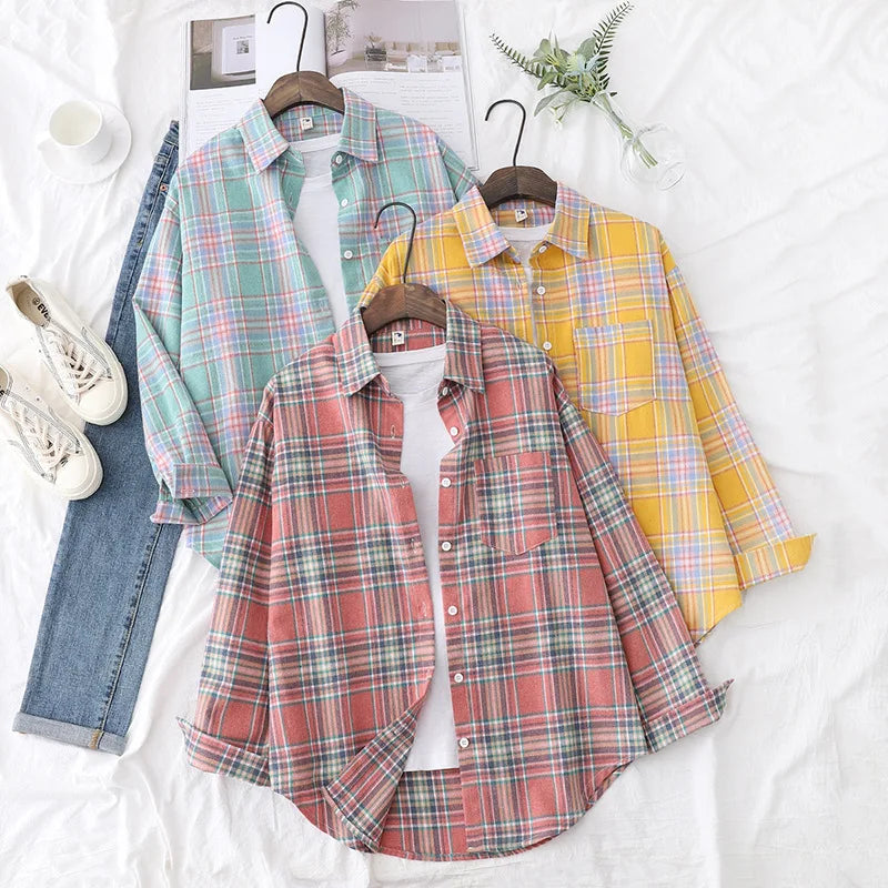 Women's Plaid Shirt 2025 New Ladies Loose Casual Blouse and Tops Fresh College Style Female Long Sleeve Shirts Women Clothes