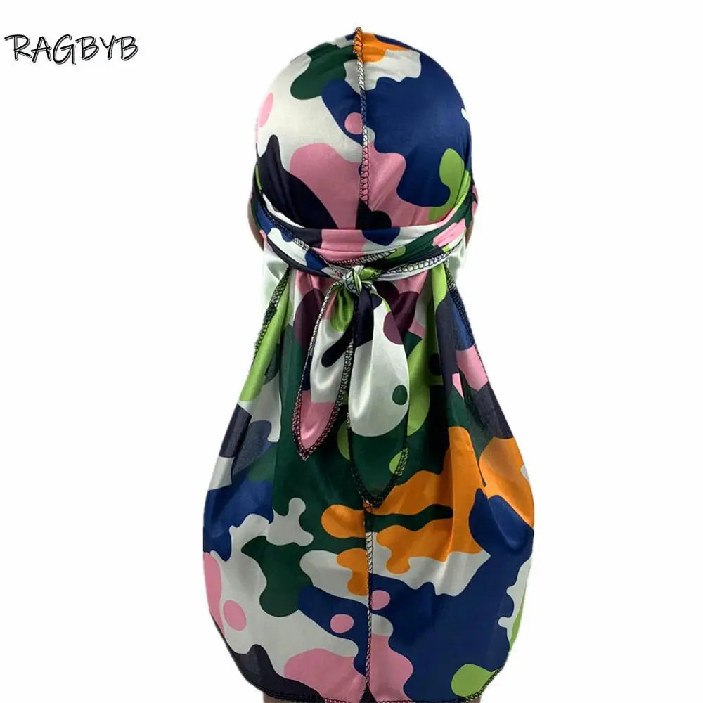 Neue Camo Print Seiden Durag Bandanas für Herren Seidige Durags Long Tail Wave Cap Kopftuch Damen Hut Headwrap Durag