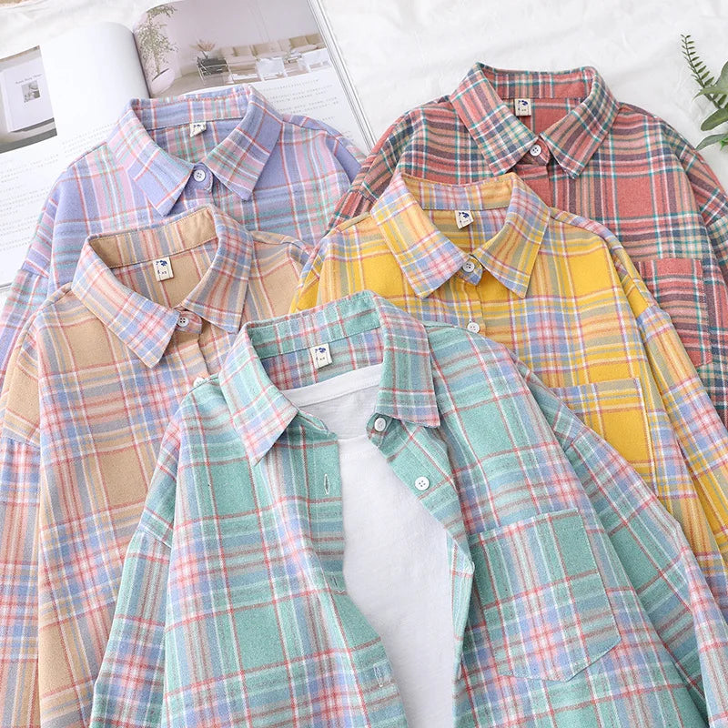 Women's Plaid Shirt 2025 New Ladies Loose Casual Blouse and Tops Fresh College Style Female Long Sleeve Shirts Women Clothes