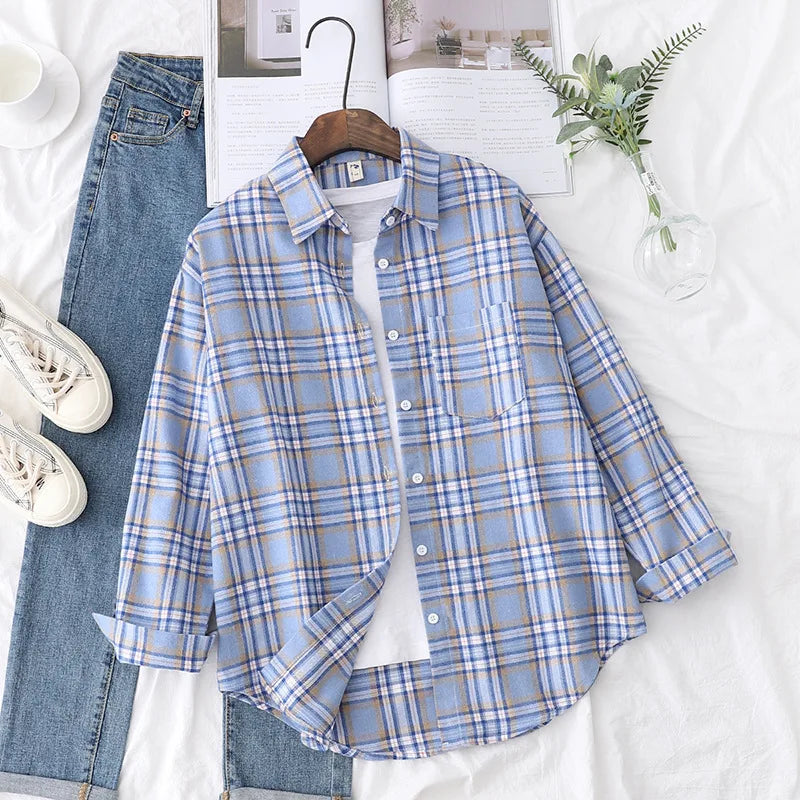 Women's Plaid Shirt 2025 New Ladies Loose Casual Blouse and Tops Fresh College Style Female Long Sleeve Shirts Women Clothes