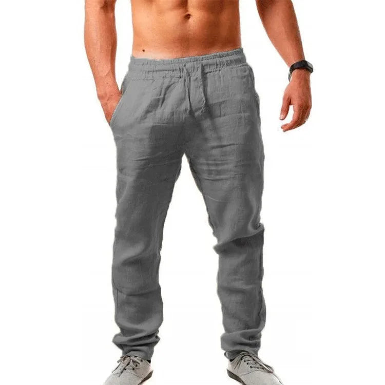 Pantalon Homme en Coton et Lin, Jogging Décontracté, Couleur Unie, Taille Élastique, Coupe Droite et Ample, Sport, Course, Grandes Tailles pour Homme