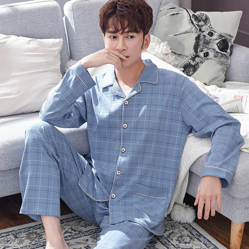 Pyjama d'hiver 100 % coton pour homme, bleu, vêtement de nuit chaud, pyjama en coton à carreaux, grandes tailles