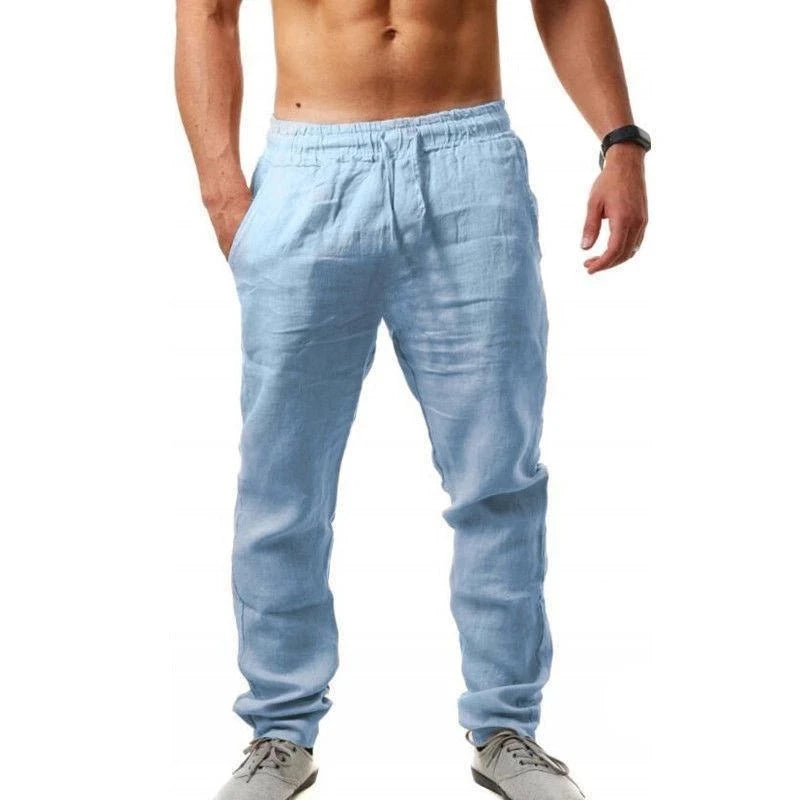 Pantalon Homme en Coton et Lin, Jogging Décontracté, Couleur Unie, Taille Élastique, Coupe Droite et Ample, Sport, Course, Grandes Tailles pour Homme