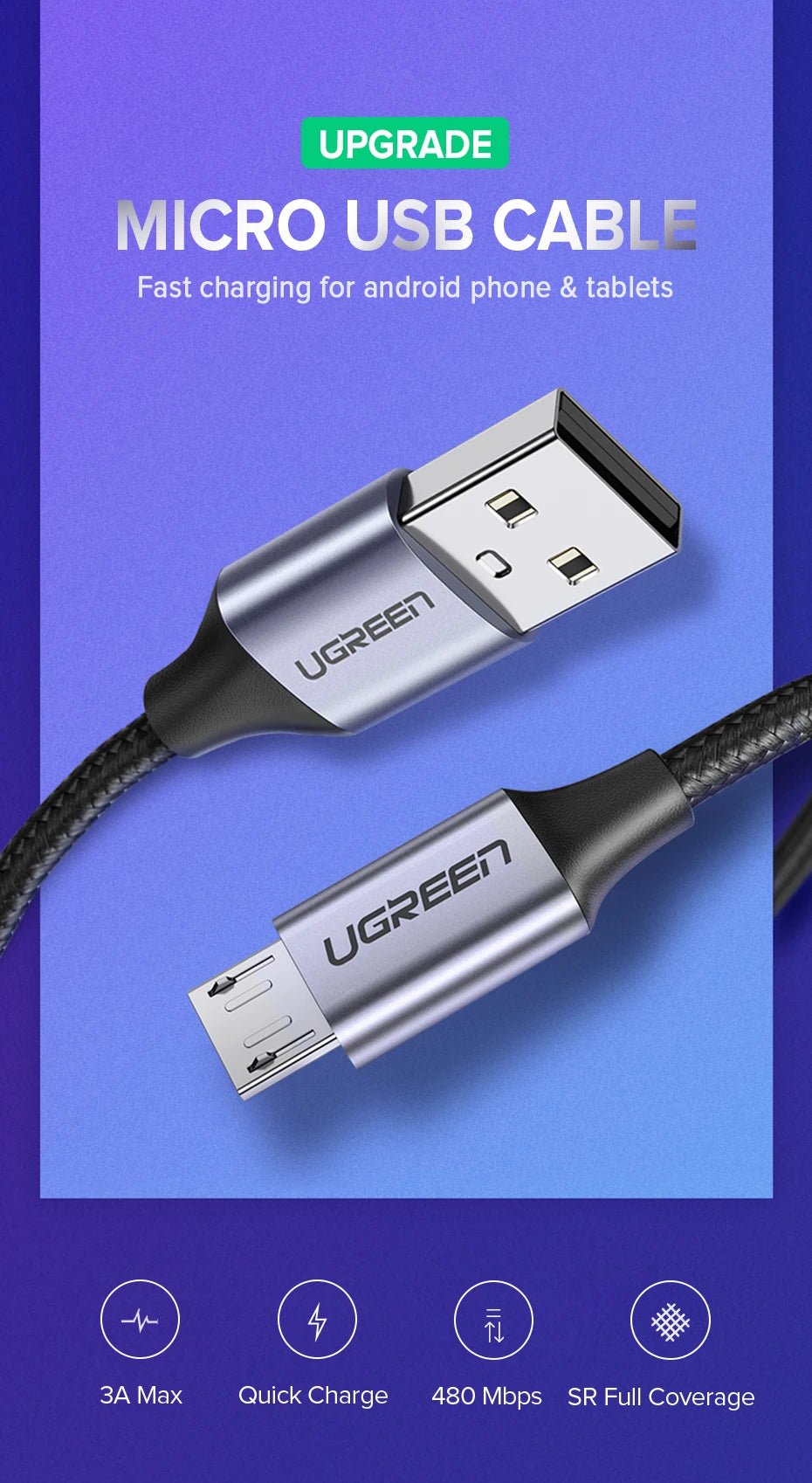 UGREEN Micro USB Cable Fast Quick Charger Cable USB to Micro USB 2.0 Android Charging Cord for Samsung Galaxy S7 S6 Note Wire