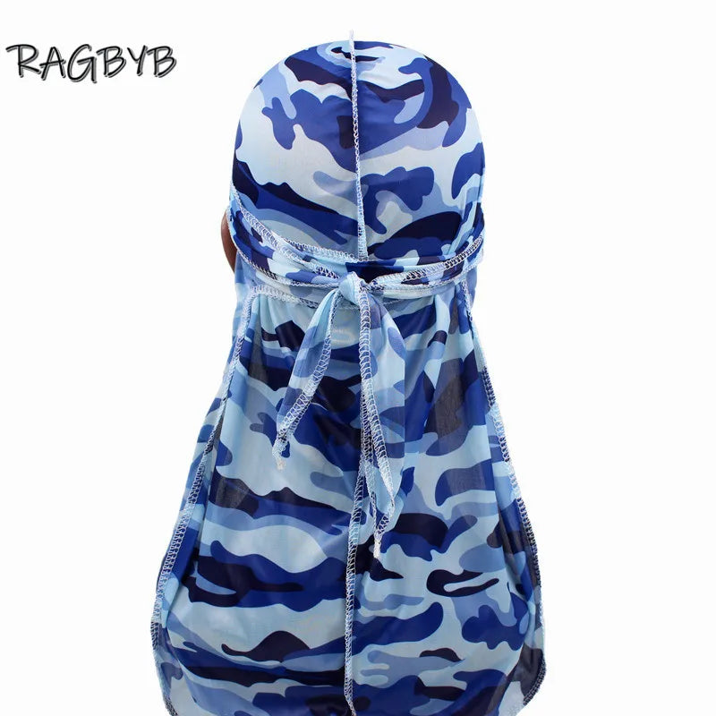 Neue Camo Print Seiden Durag Bandanas für Herren Seidige Durags Long Tail Wave Cap Kopftuch Damen Hut Headwrap Durag