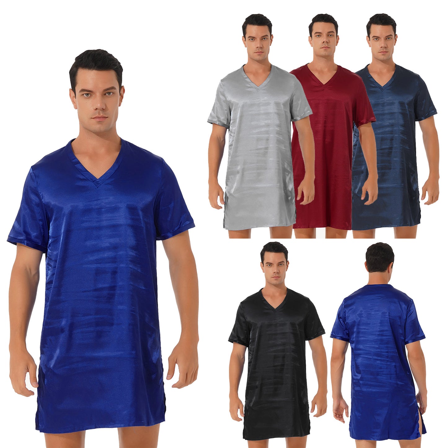 Damen Herren Seidensatin Pyjamas Schlafanzug Kurzarm Nachthemd Kimono Bademantel Schlafrock Morgenmantel Sommer Nachthemd Homewear