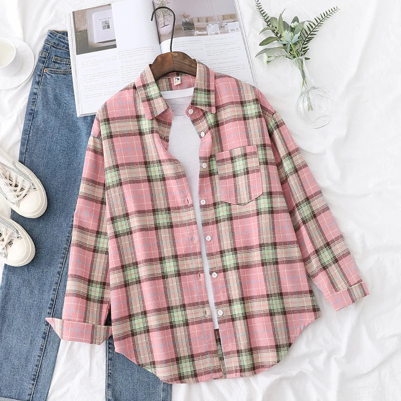 Women's Plaid Shirt 2025 New Ladies Loose Casual Blouse and Tops Fresh College Style Female Long Sleeve Shirts Women Clothes