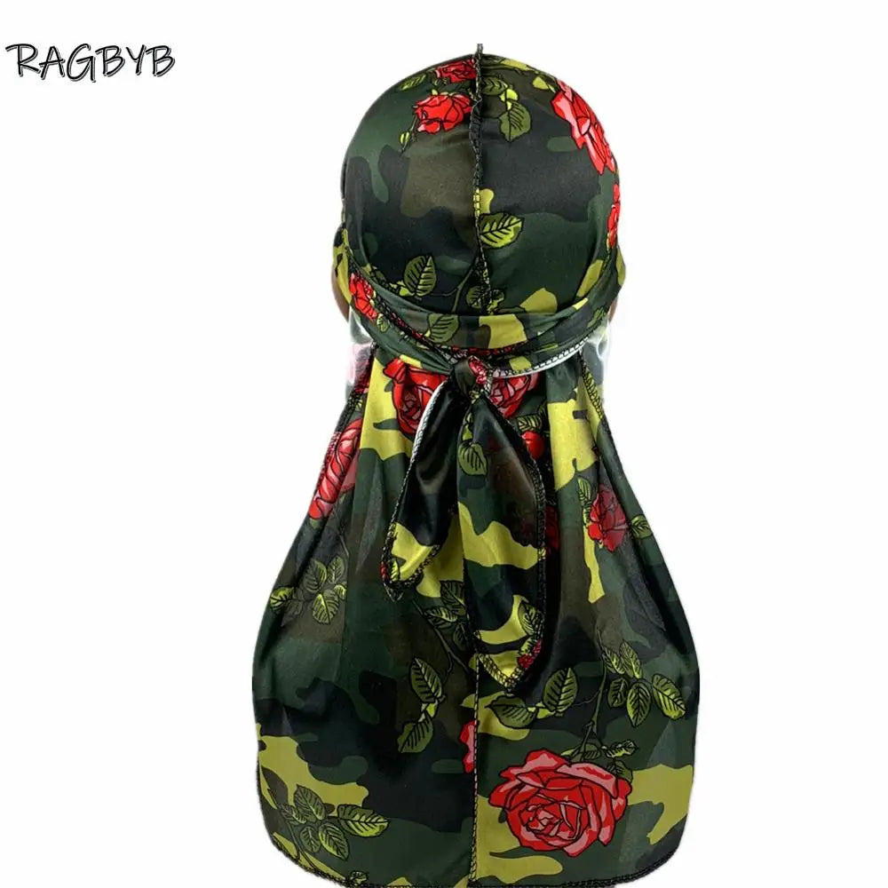 Neue Camo Print Seiden Durag Bandanas für Herren Seidige Durags Long Tail Wave Cap Kopftuch Damen Hut Headwrap Durag