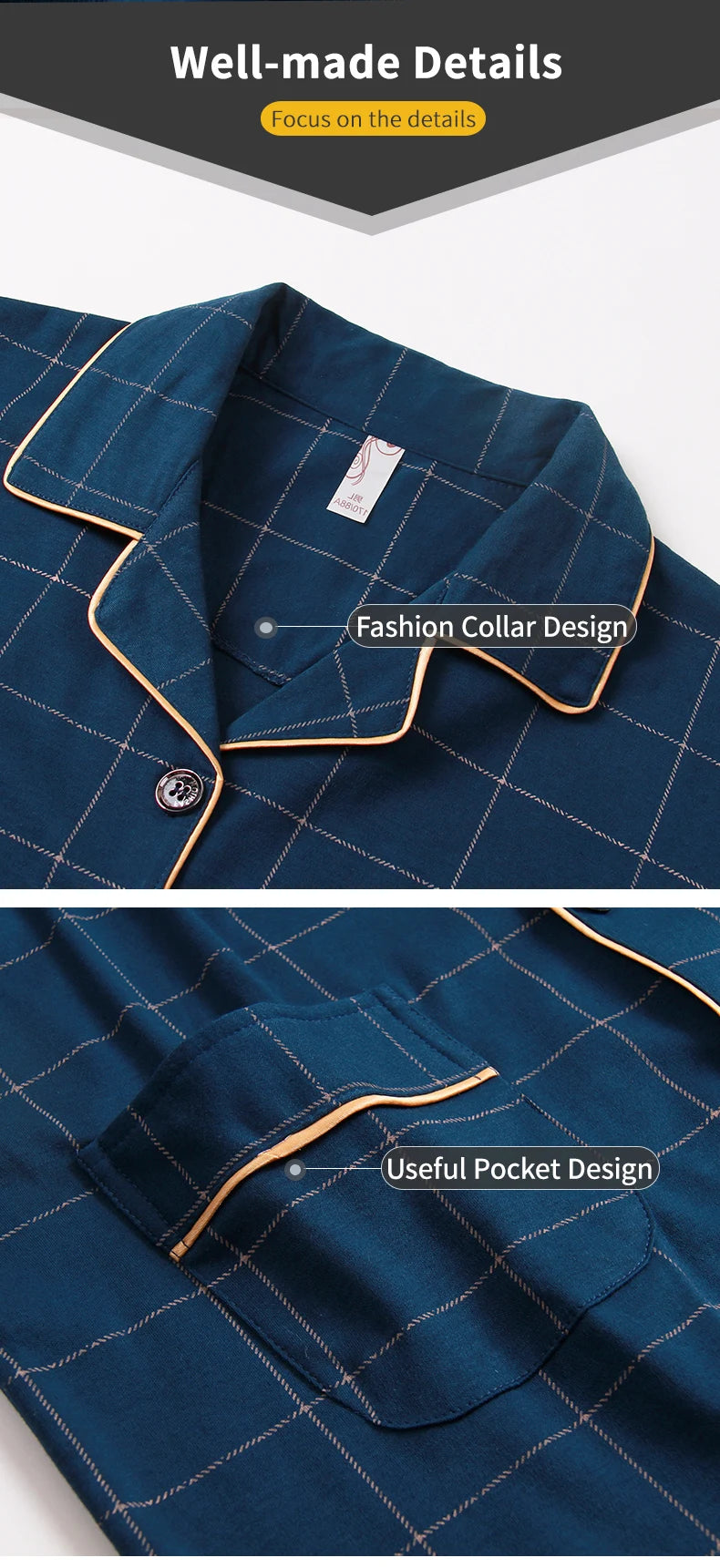 Pyjama d'hiver 100 % coton pour homme, bleu, vêtement de nuit chaud, pyjama en coton à carreaux, grandes tailles